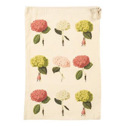 The Medium Hydrangeas Laura Stoddart Drawstring Bag featuring 9 illustrations of small people holding gigantic hydrangea blooms by the stem. 