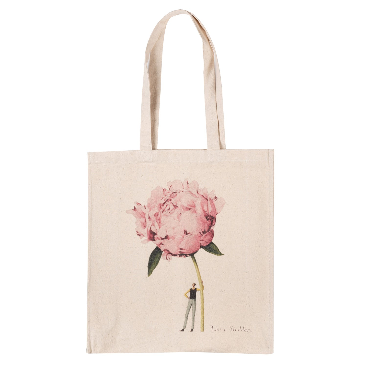 The Pink Peony Heavyweight Canvas Tote Bag is light tan featuring a stylized illustration of a woman holding a gigantic light pink peony bloom by the stem.