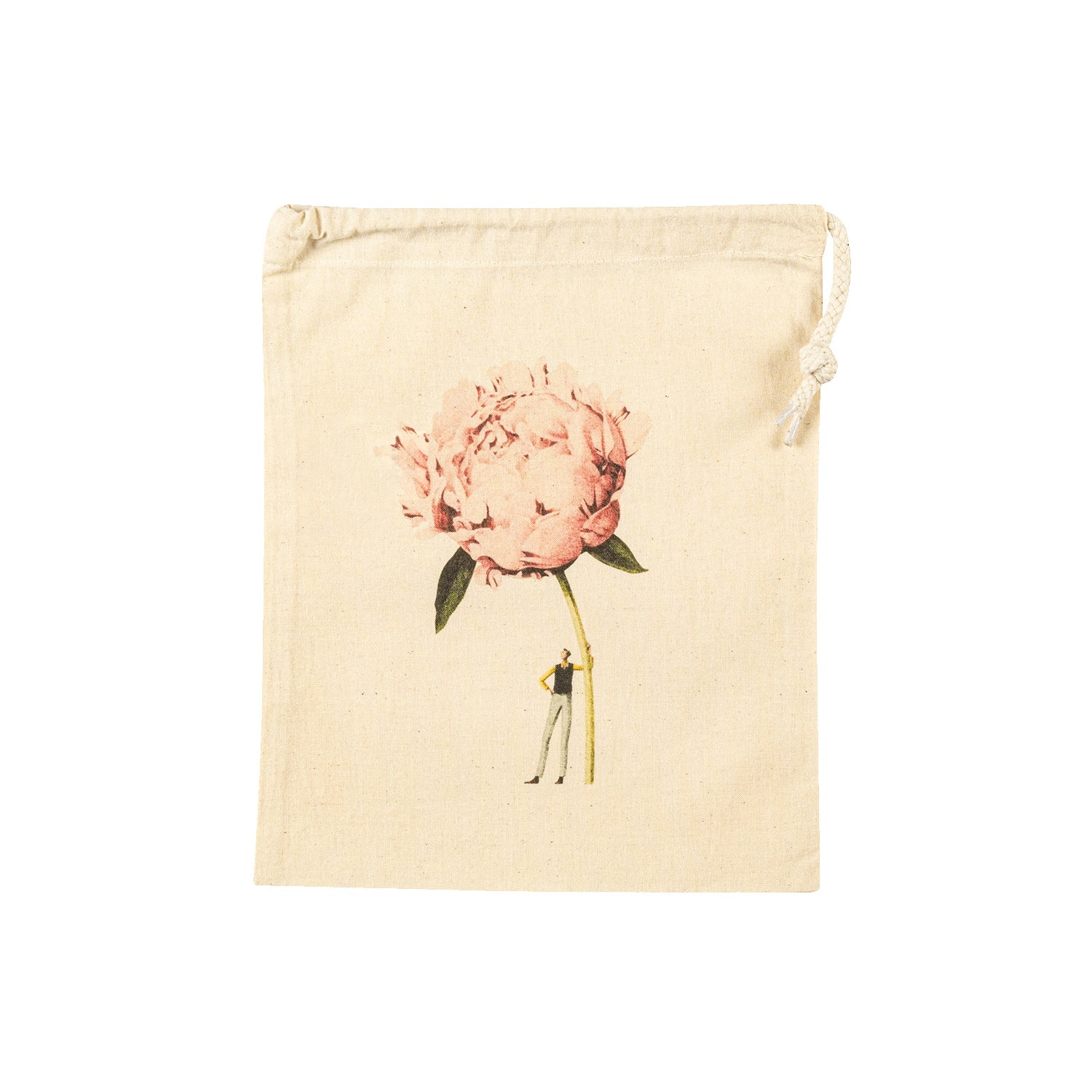 The Small Pink Peony Laura Stoddart Drawstring Bag, featuring artwork of a small man holding a gigantic pink bloom by the stem. 