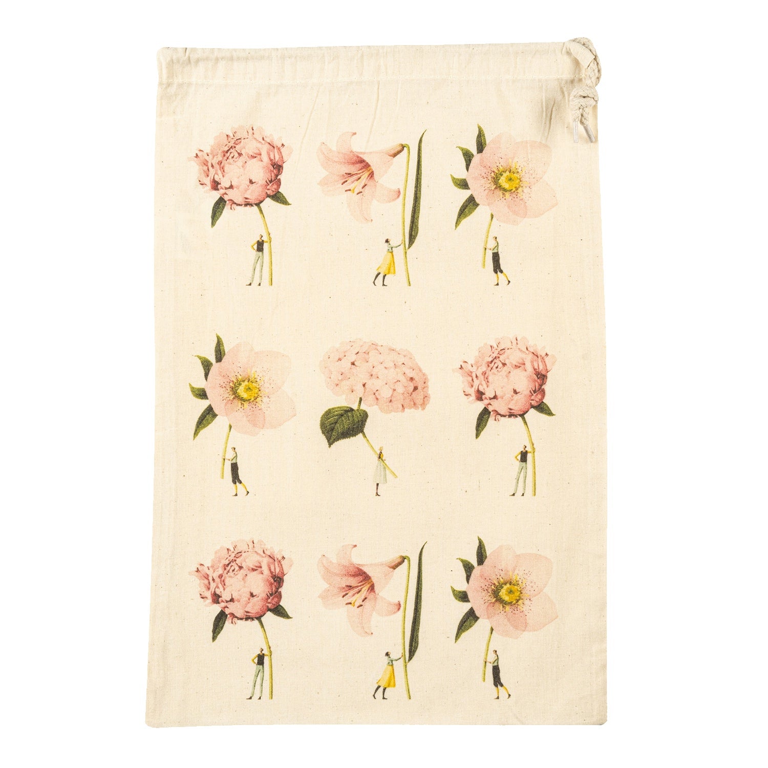 The Medium Pink Flowers Laura Stoddart Drawstring Bag, featuring 9 illustrations of small people holding gigantic pink booms by the stems. 