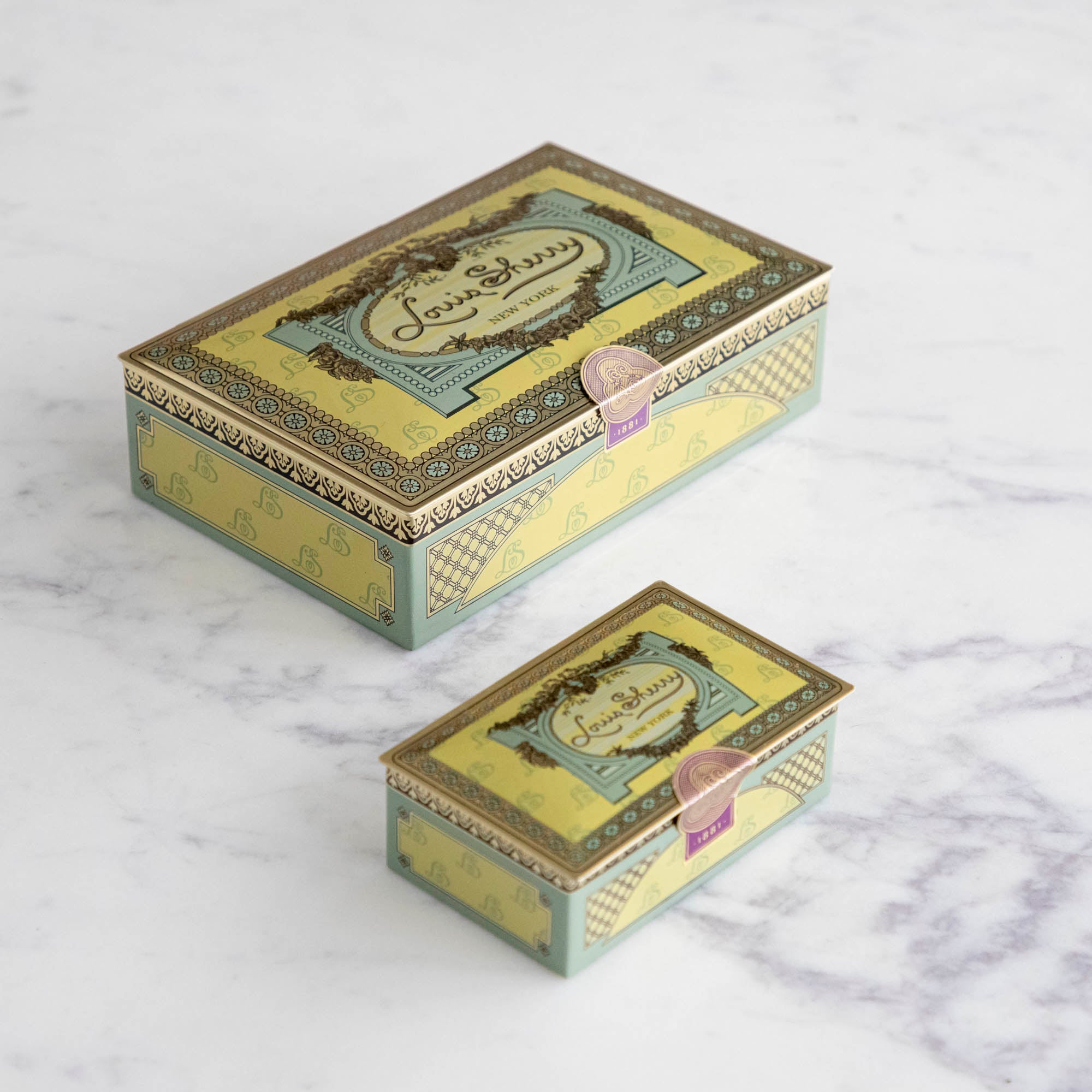 Louis Sherry Vintage Chocolate Box in both 12- piece box and 2-piece box. 