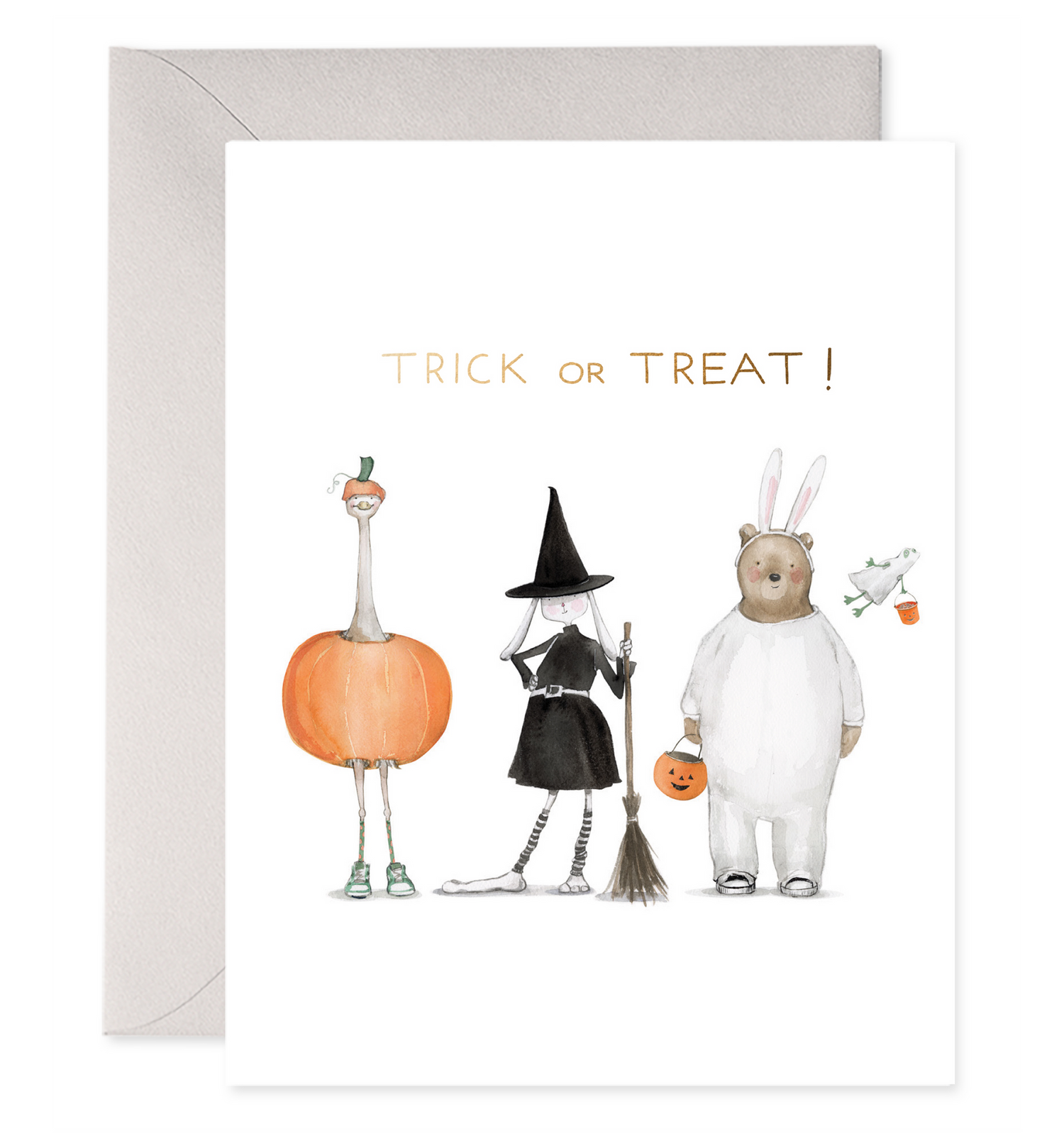 front of card with illustration of a bear dressed as a bunny, a bunny dressed as a witch and an ostrich dressed as a   pumpkin.  Above it says trick or treat in gold foil lettering. 