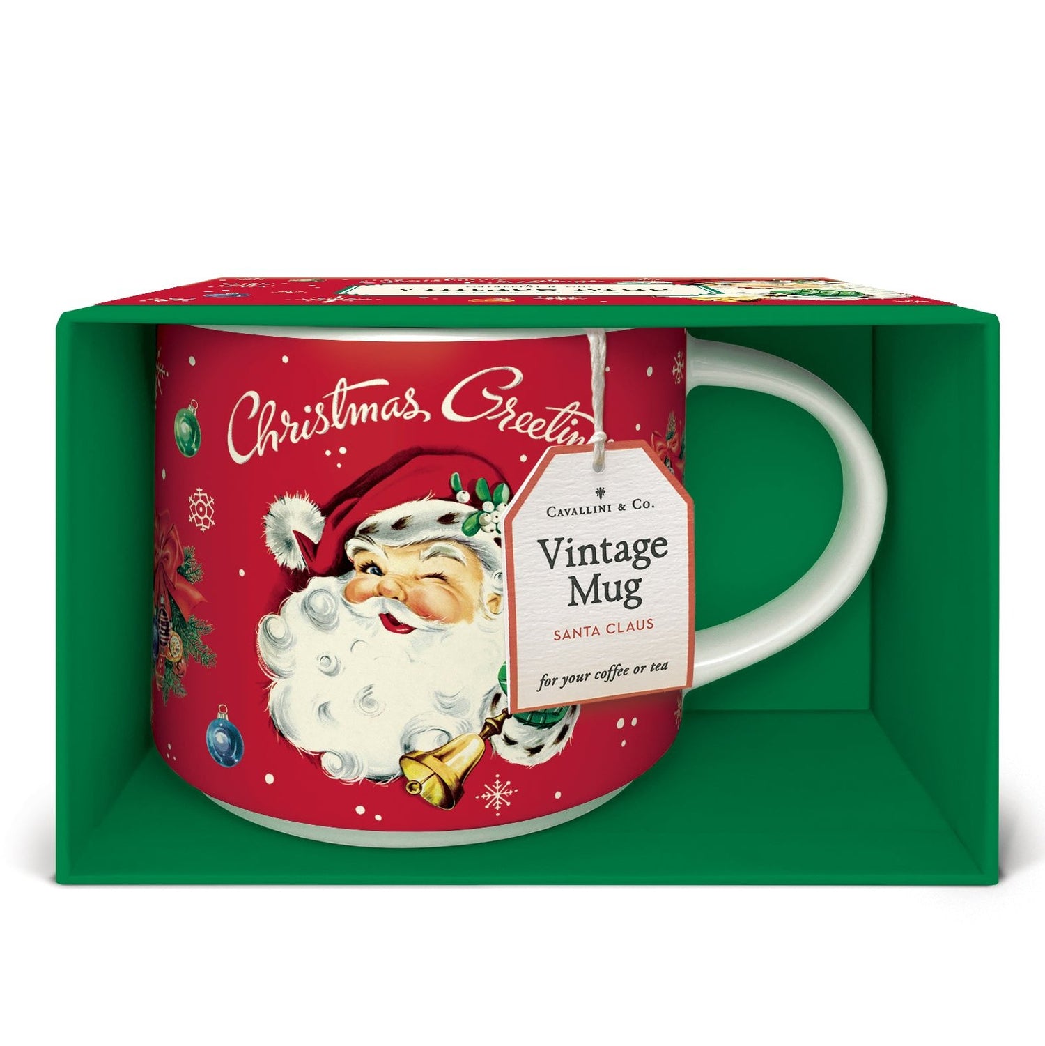 A Vintage Santa Claus Mug by Cavallini featuring a nostalgic image of Santa Claus on a mug with a red background and assorted holiday items, with &quot;Christmas Greetings&quot; above his head, packaged in coordinating box with a green inside.