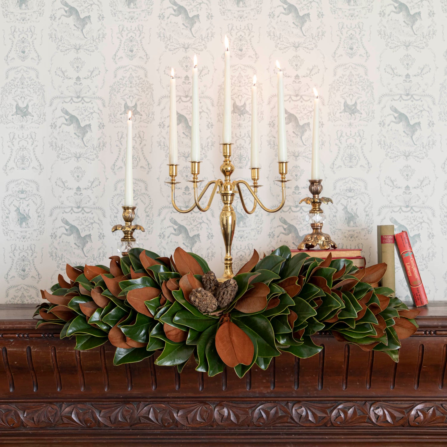 magnolia centerpiece styled on mantle 