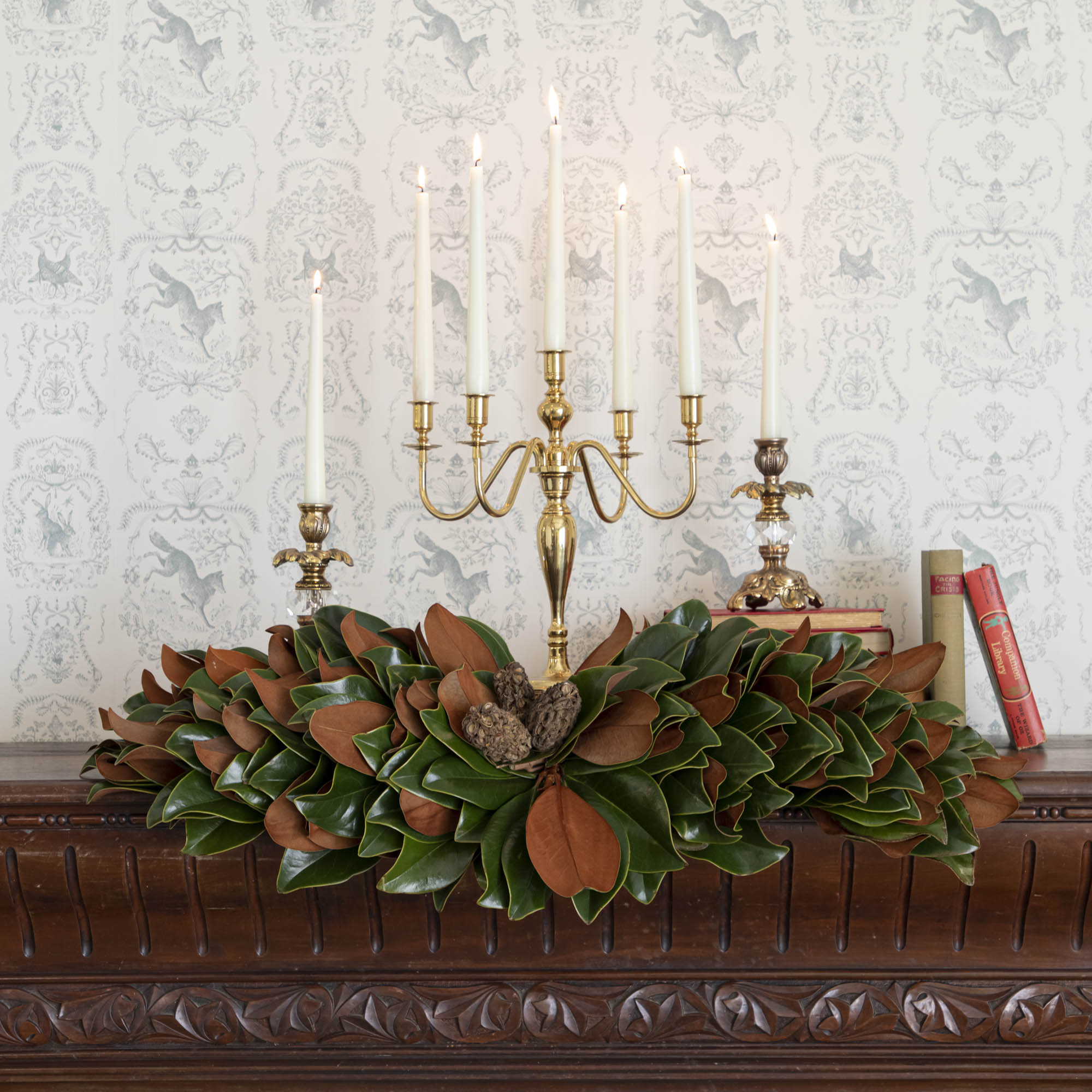 magnolia centerpiece styled on mantle 