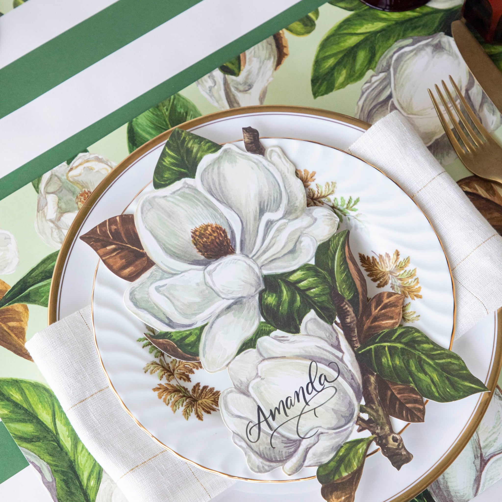 Dark Green Classic Stripe Runner under a floral place setting.