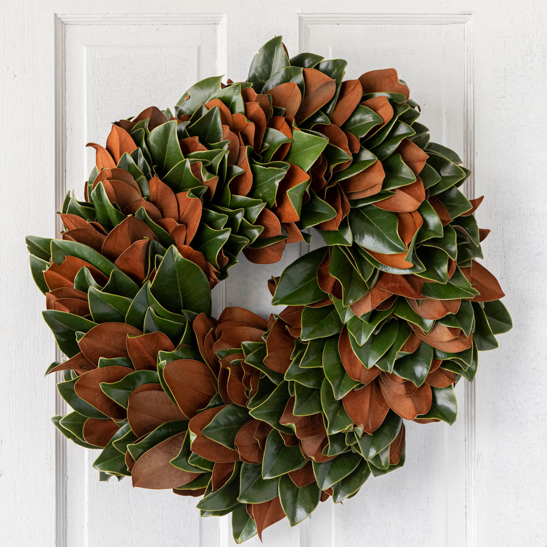 fresh magnolia wreath on a door