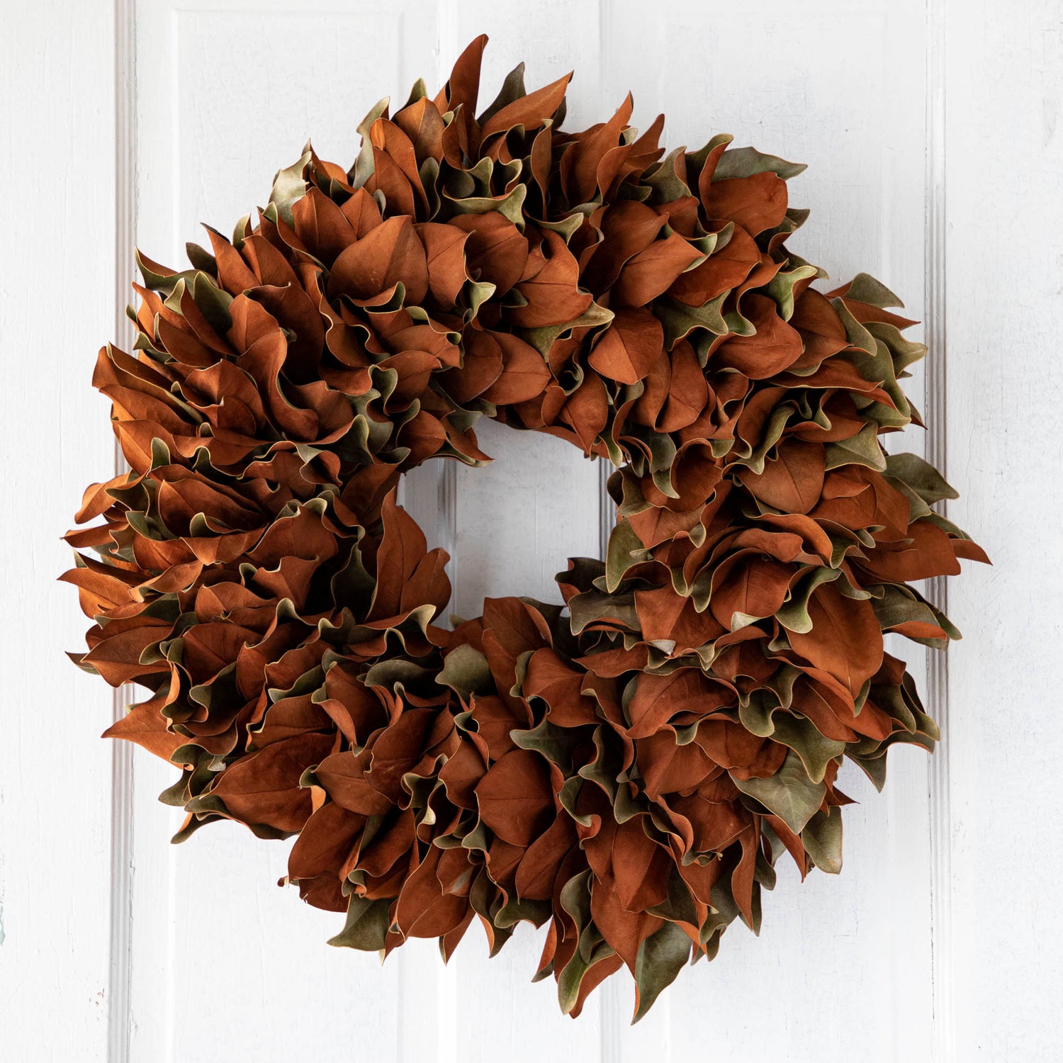 2 week old magnolia wreath hanging on a door