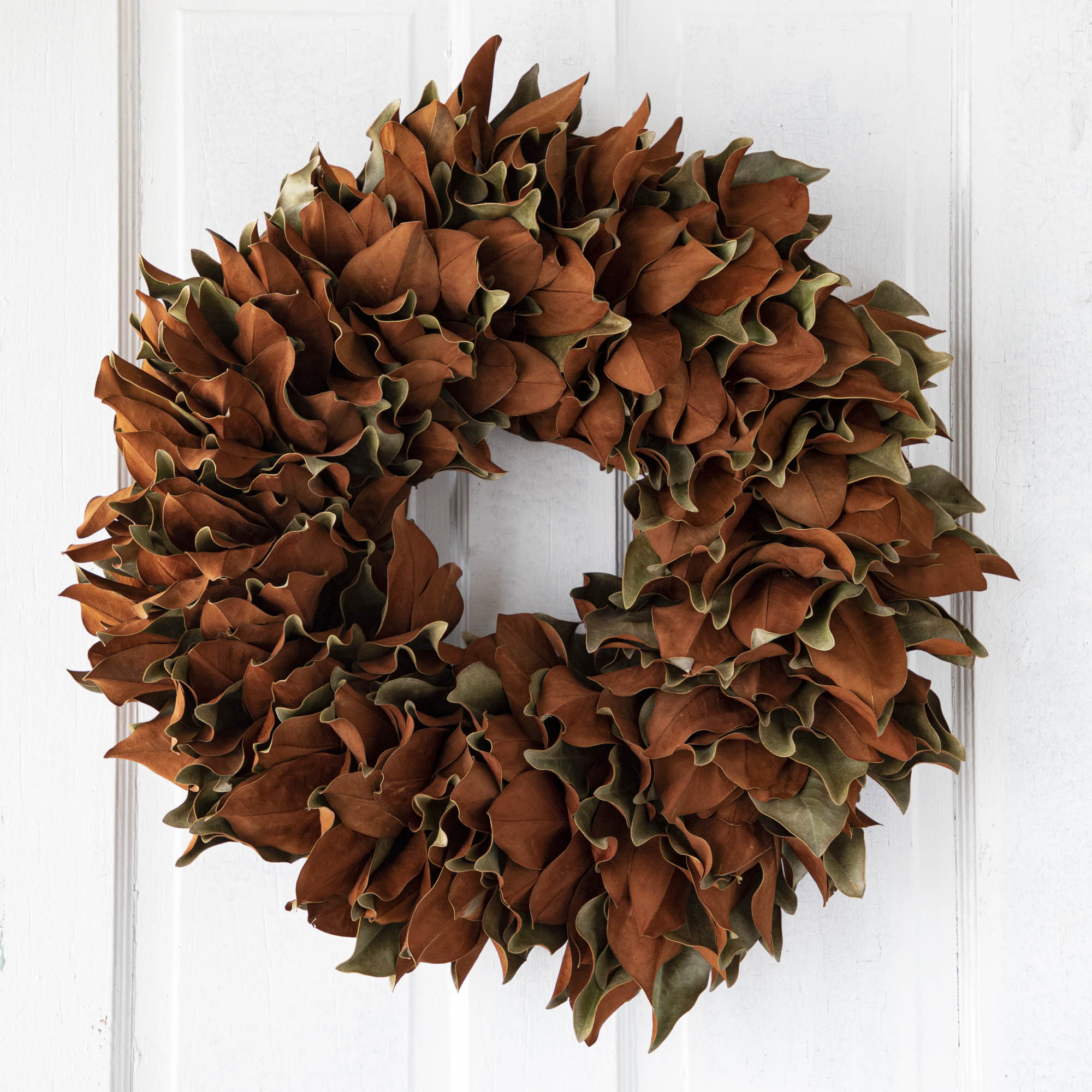 2 week old magnolia wreath hanging on a door