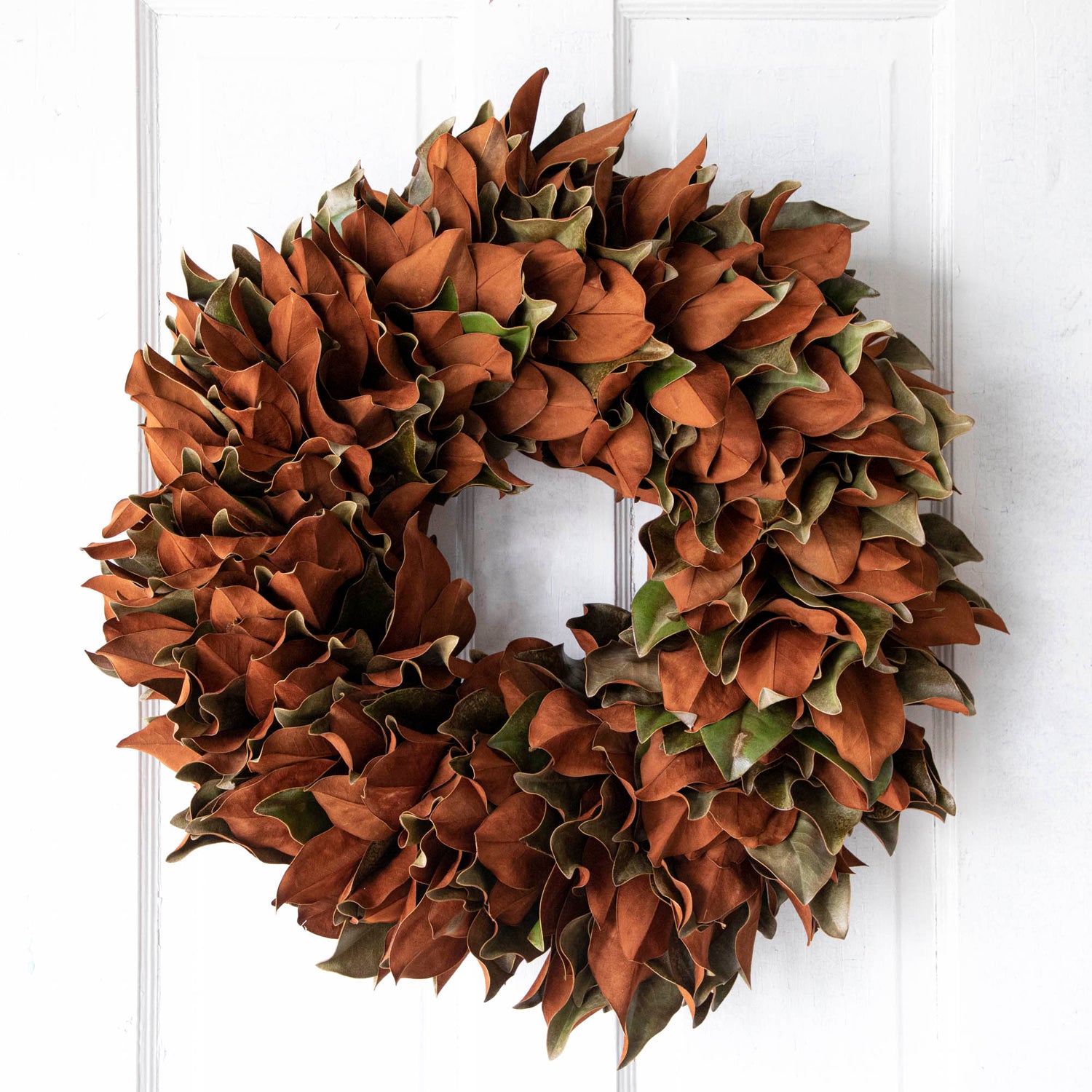 one week old magnolia wreath hanging on a door