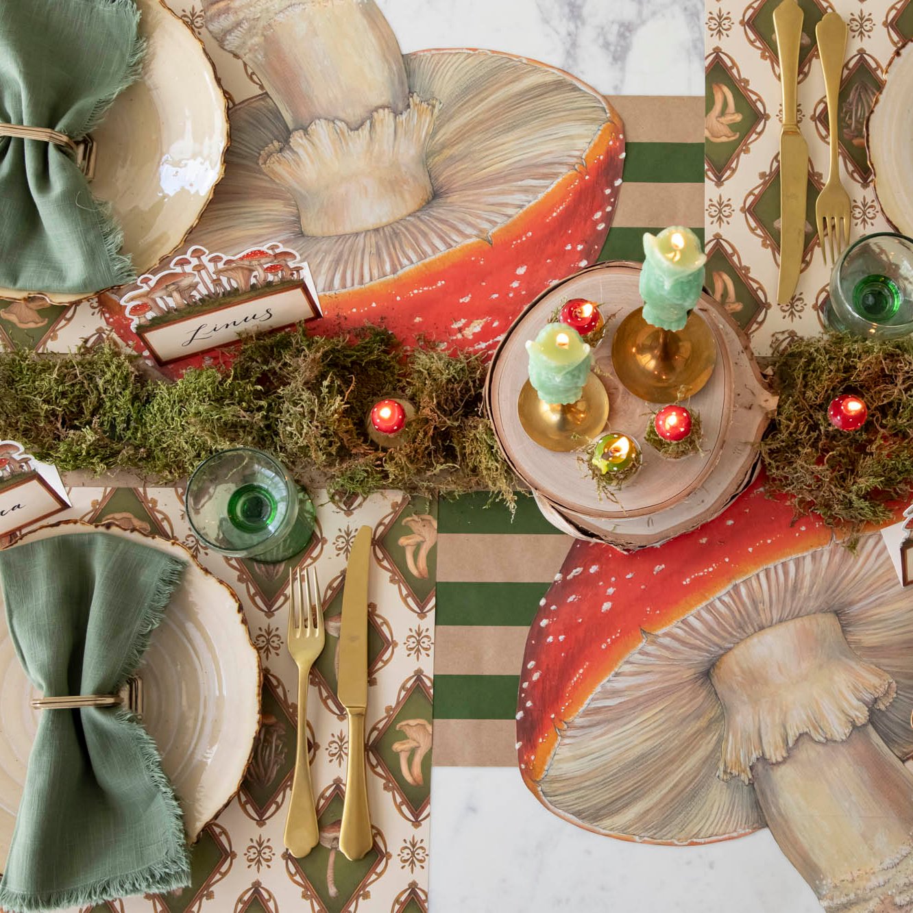 The Kraft Green Runner under a mushroom themed table setting.