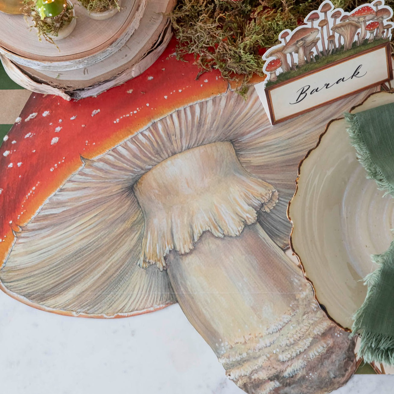Close up of a die-cut mushroom placemat on a styled table