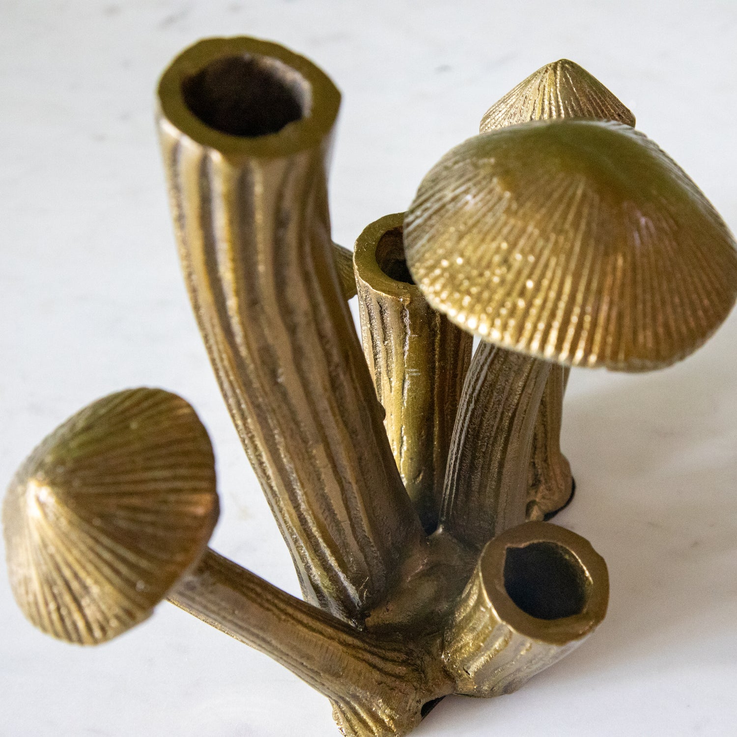 A topdown view of the Clustered Mushroom Vase showing three open stems for flowers and four mushrooms.