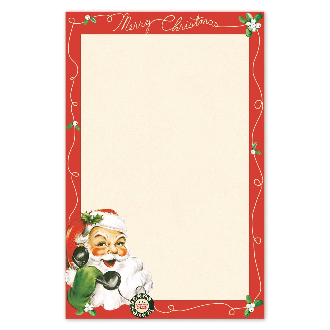 Notepad with red boarder and Santa holding a telephone at the bottom left corner.