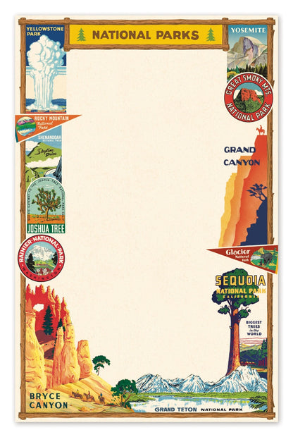 Cavallini Papers &amp; Co National Park Notepad featuring illustrated stickers of U.S. national parks such as Yellowstone, Yosemite, Grand Canyon, and others for nature lovers.