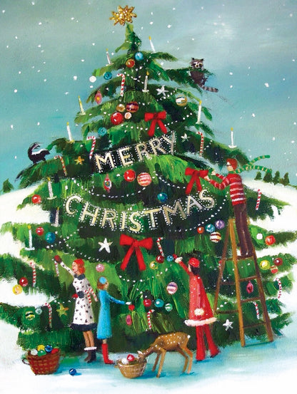 Janet Hill artwork depicting a Christmas Tree being decorated