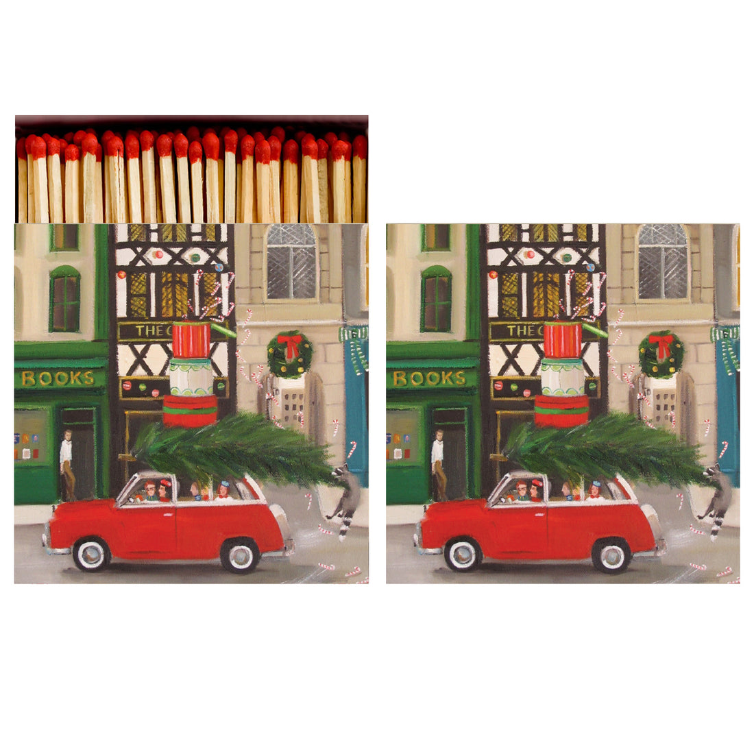 Two identical sides of a square match box, the left of which is open slightly to reveal the matches inside. The artwork on the box depicts a red station wagon parked in front of downtown shops, piled high with a fresh evergreen tree and various large gifts.