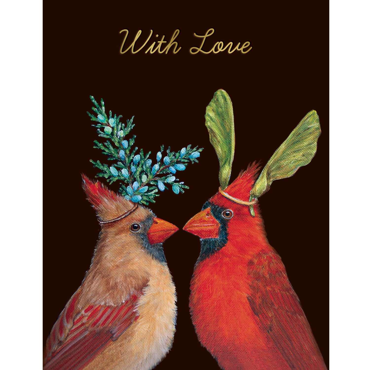 A stunning artwork by Vicki Sawyer featuring two Cardinal Love Cards adorned with holly berries on their heads by Hester &amp; Cook.