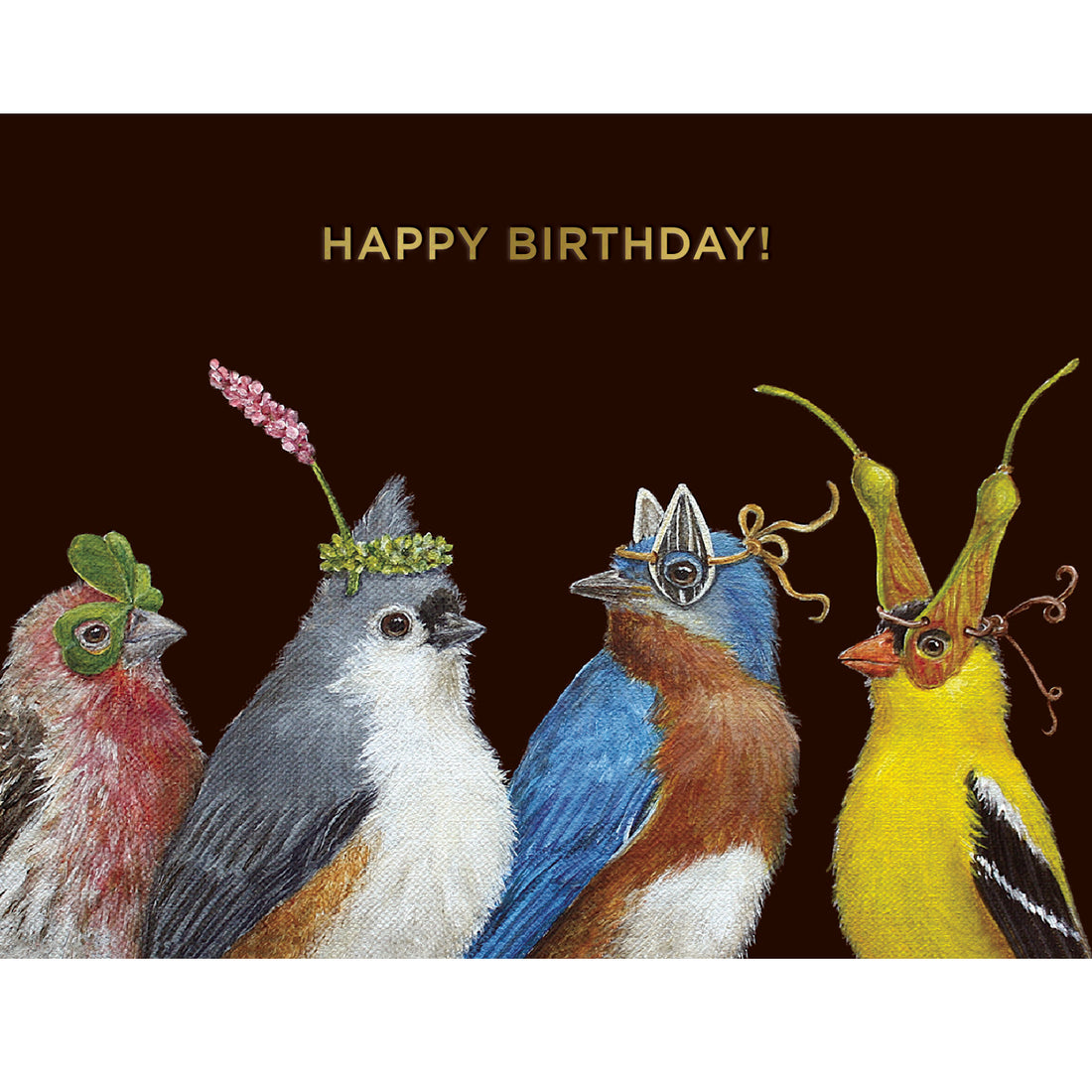 An original artwork by Vicki Sawyer depicting a Happy Birthday Masks Card by Hester &amp; Cook featuring a group of birds wearing hats.