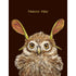 A Hester & Cook Thank You Owl Card features art by artist Vicki Sawyer depicting a baby owl wearing ears made of leaves on a rich brown background with a message that reads "THANK YOU" in shiny gold foil.