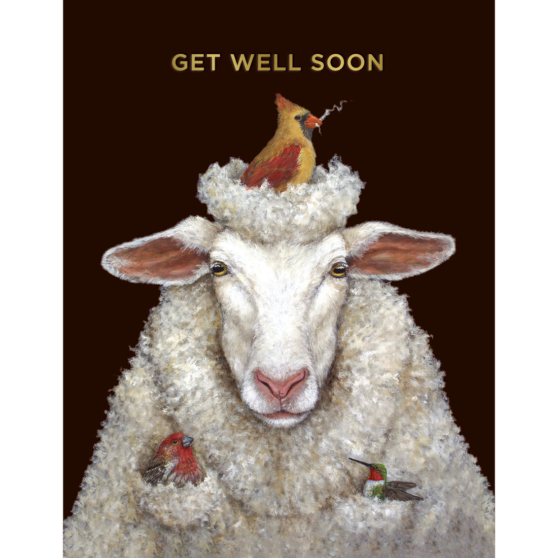 This greeting card with art by artist Vicki Sawyer features a fluffy white sheep on a rich brown background adorned with a red and gold female cardinal on its head and the words &quot;GET WELL SOON&quot; in shiny gold foil across the top.