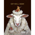 This greeting card with art by artist Vicki Sawyer features a fluffy white sheep on a rich brown background adorned with a red and gold female cardinal on its head and the words "GET WELL SOON" in shiny gold foil across the top.