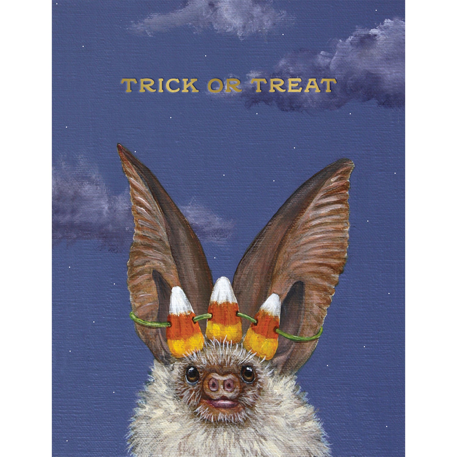 A realistic drawing of a bat adorned with a candy corn garland around his ears, against a night blue sky, with the words &quot;TRICK OR TREAT&quot; in gold letters above his head.