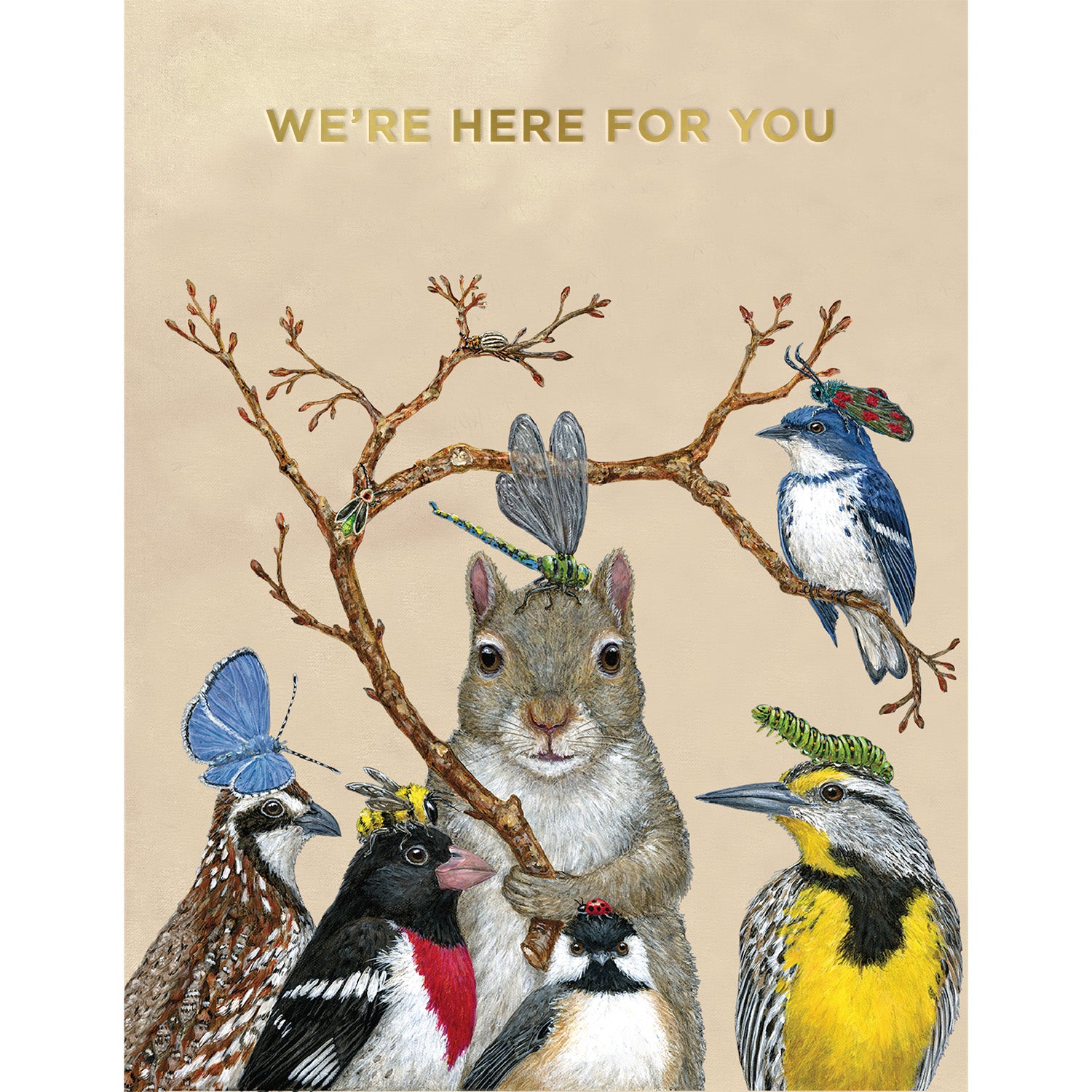 With art by Vicki Sawyer, this card features a grouping of adorable birds with a squirrel in the center, pictured with various bugs, bees, and butterflies on their heads as hats on a cream colored background with the words &quot;WE&