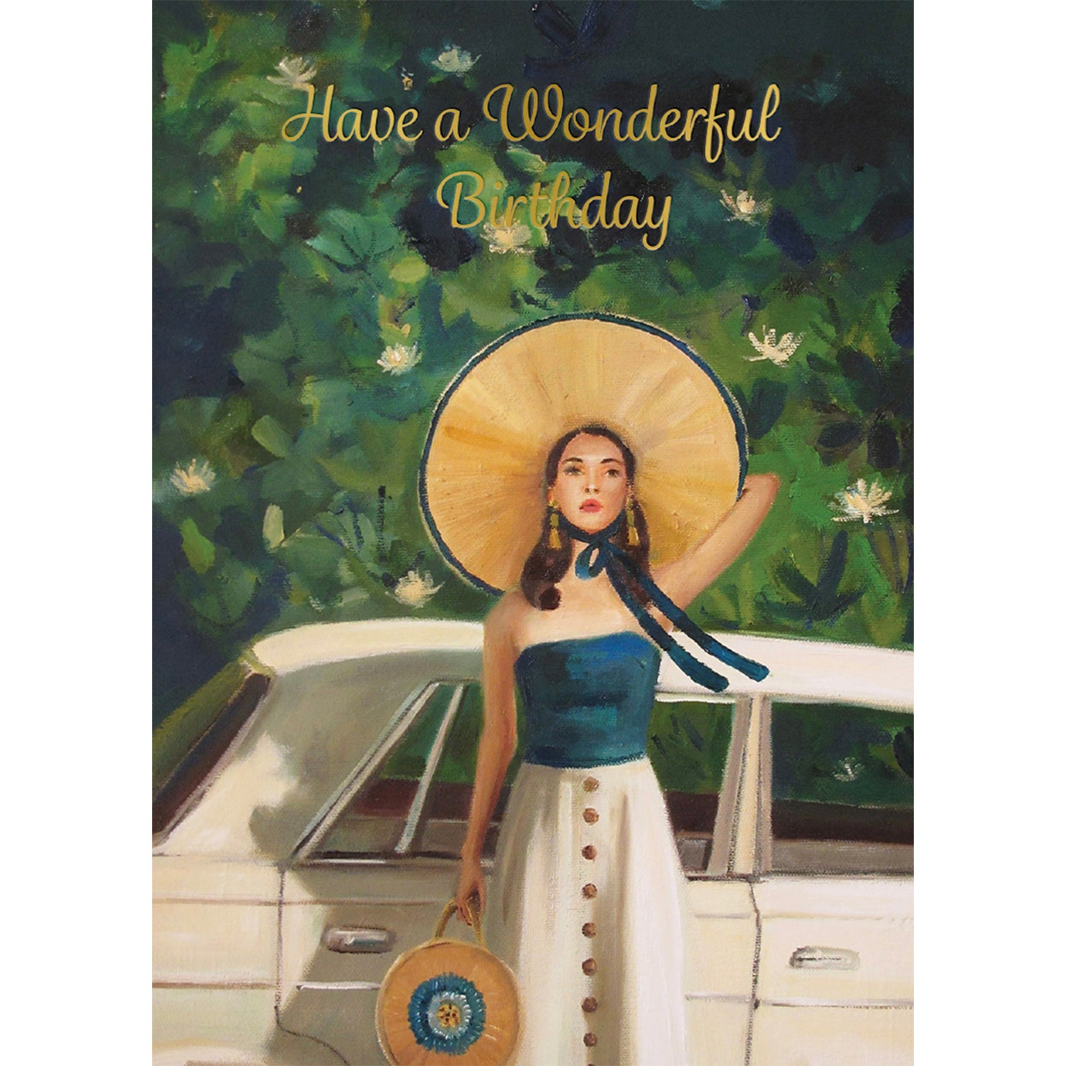 A painterly illustration of a woman in a vintage white and teal outfit and a huge sunhat standing next to a white car with a lush green background. The message &quot;Have a Wonderful Birthday&quot; is printed in gold script across the top of the card.