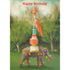 A painterly illustration of a circus showgirl in pink feathers balancing on a stack of platforms and a chair on the back of a circus elephant on a green lawn with trees in the background. and "Happy Birthday" printed in red across the top of the card.