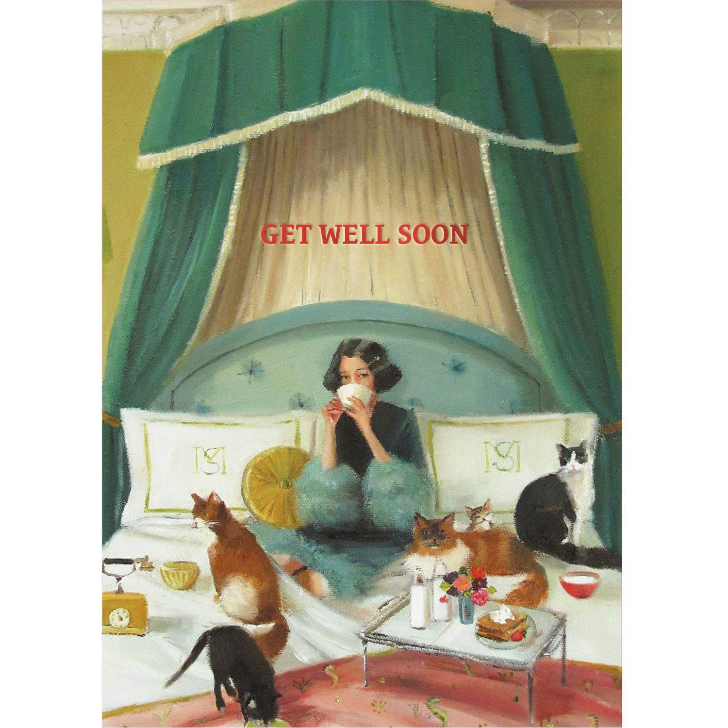 Get Well Soon Cats card featuring artwork by Janet Hill of a sick woman in bed with cats and text that reads &quot;Get Well Soon&quot;.