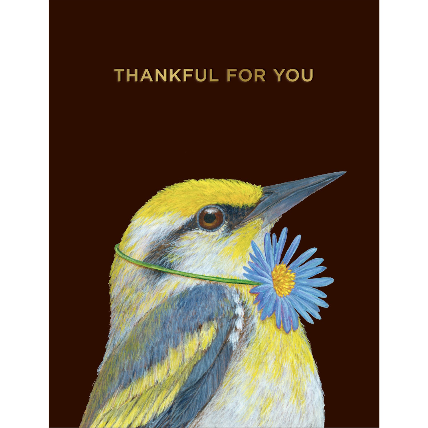 Thankful Warbler Card featuring a Warbler with a flower around its neck and &quot;Thankful for you&quot; in a gold foil message above its head.