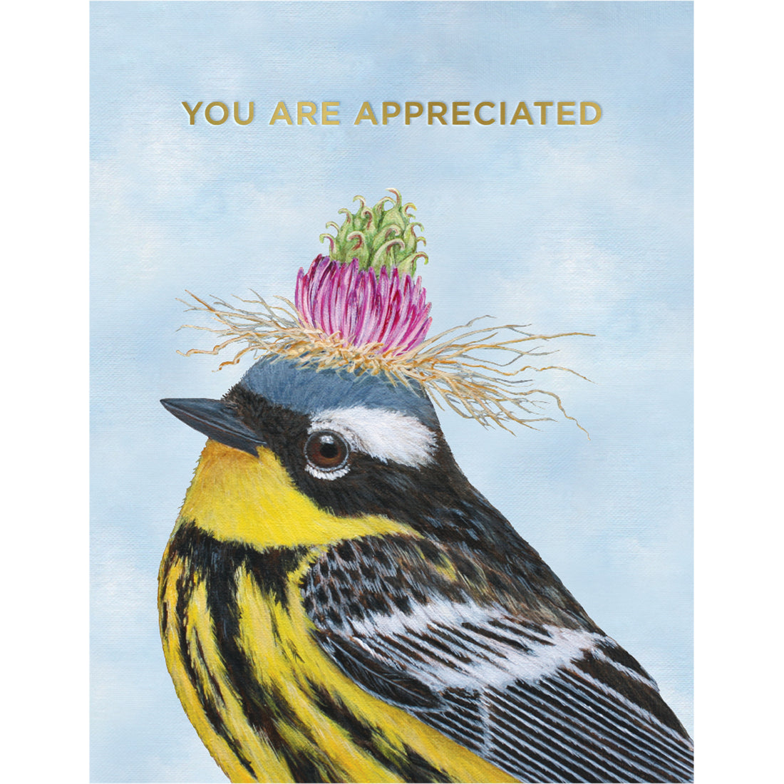 You Are Appreciated Warbler Card featuring a Warbler with a flower on its head and gold foil messaging that says &quot;You are appreciated&quot;.