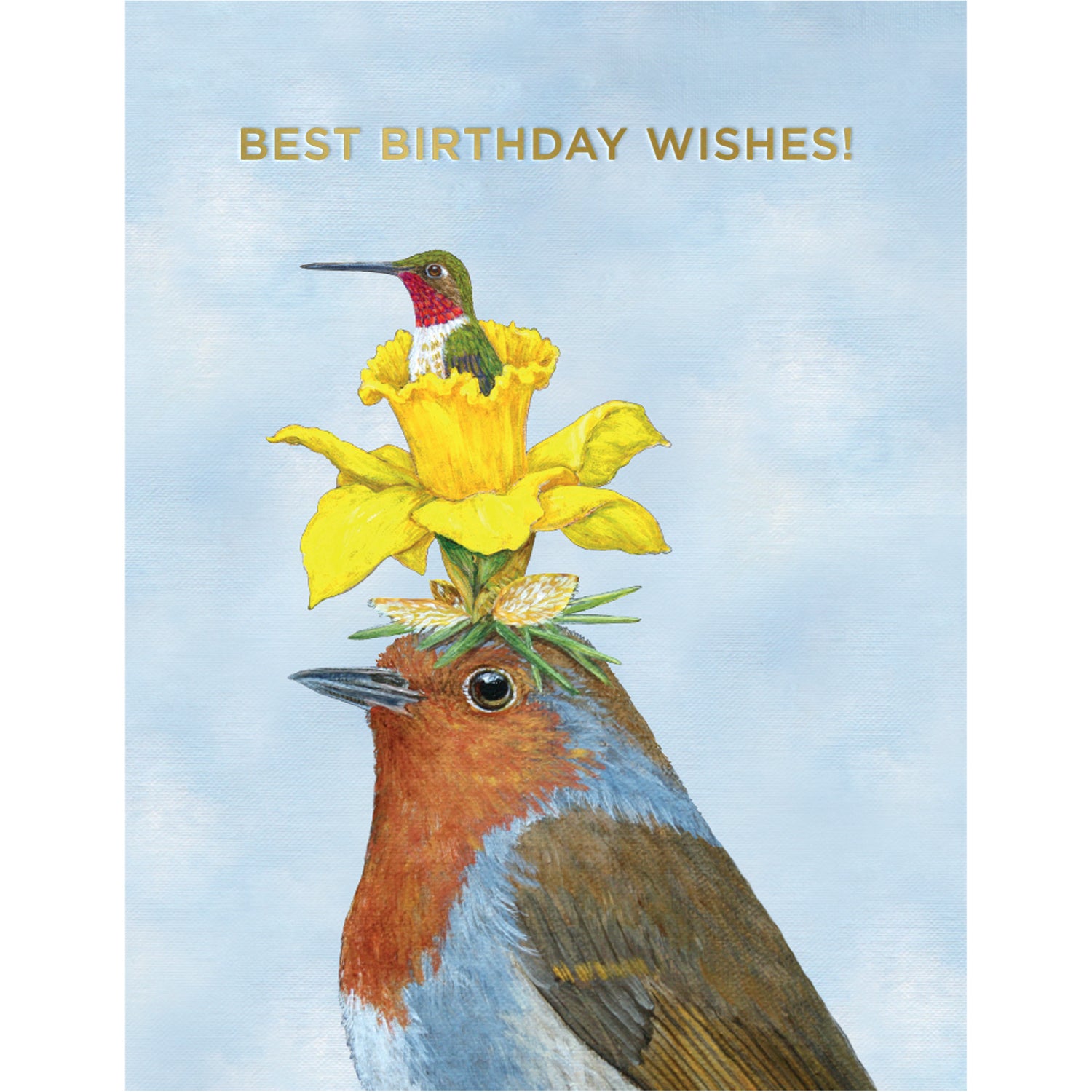 Best Birthday Wishes Card featuring original artwork by Vicki Sawyer of a bird with a daffodil and hummingbird coming out of it on its head and text that reads &quot;Best birthday wishes!&quot;.