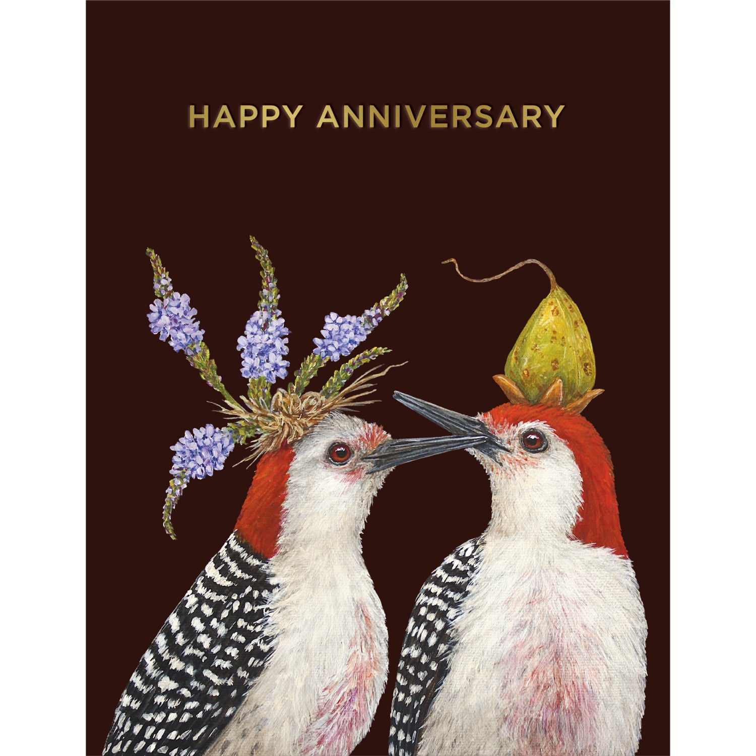 Anniversary Woodpeckers Card by Vicki Sawyer featuring two Woodpeckers with flower hats, and text that says &quot;Happy Anniversary&quot;.