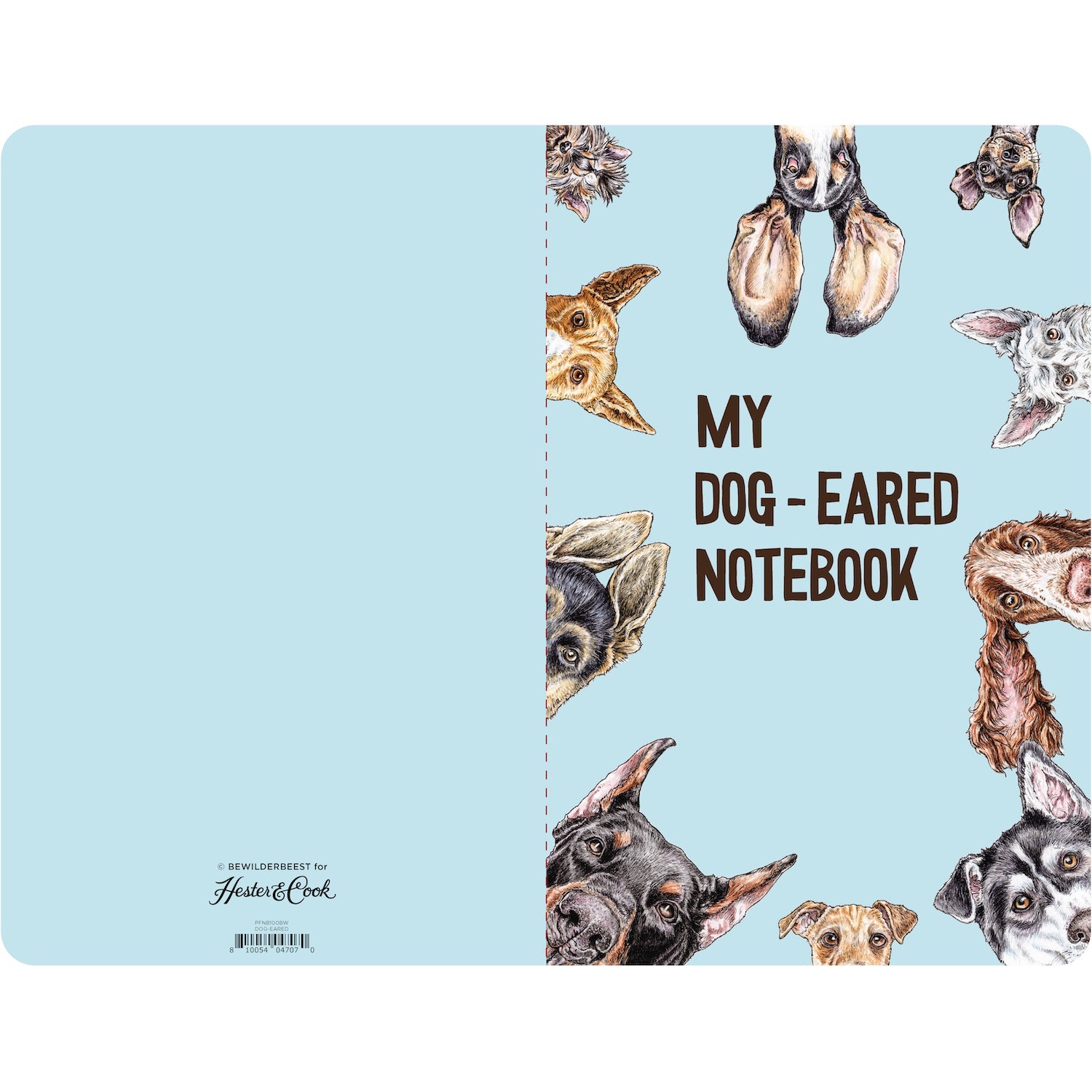 The open back and front covers of the Dog-Eared Notebook, featuring a dog ear illustration on the front, and a solid baby blue background across both covers.
