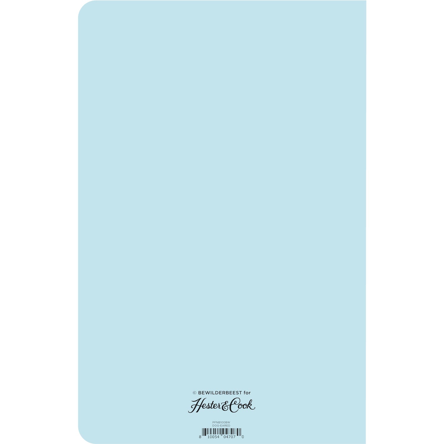 The back cover of the Dog-Eared Notebook is solid baby blue with the Hester &amp; Cook logo printed at the bottom.