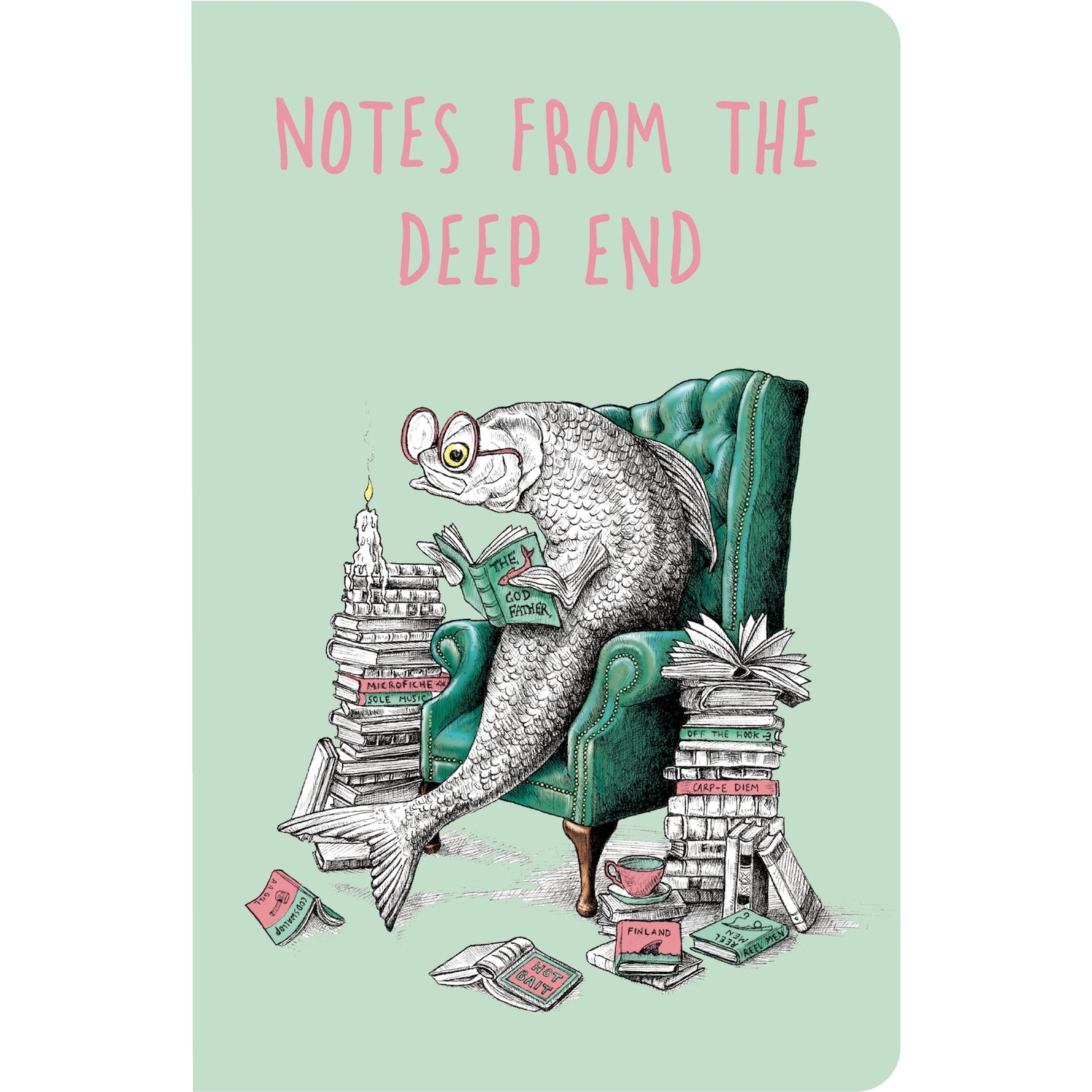 The front cover of the Deep End Notebook features a whimsical illustration of a bespectacled fish resting in an upholstered green chair reading a book, surrounded by stacks of more books. The image is captioned &quot;NOTES FROM THE DEEP END&quot; in pink over the mint green background. 