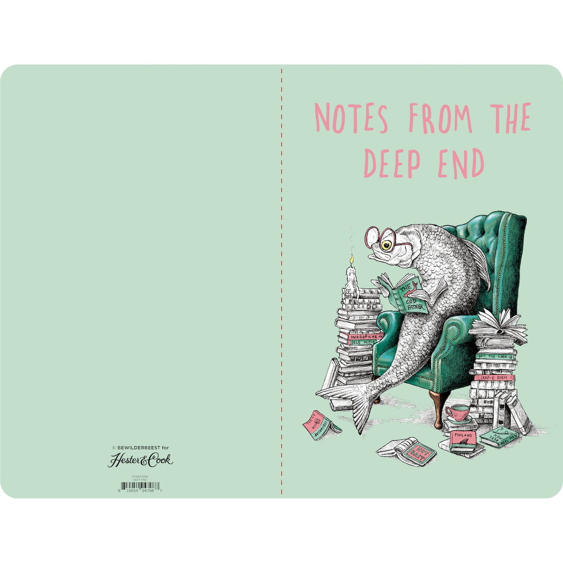 The open back and front cover of the Deep End Notebook, featuring a whimsical fish illustration on the front and a blank mint green background across the back.