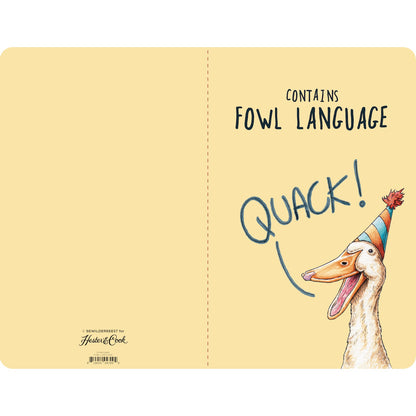 The open back and front covers of the Fowl Language Notebook are light yellow, with the duck illustration on the front.
