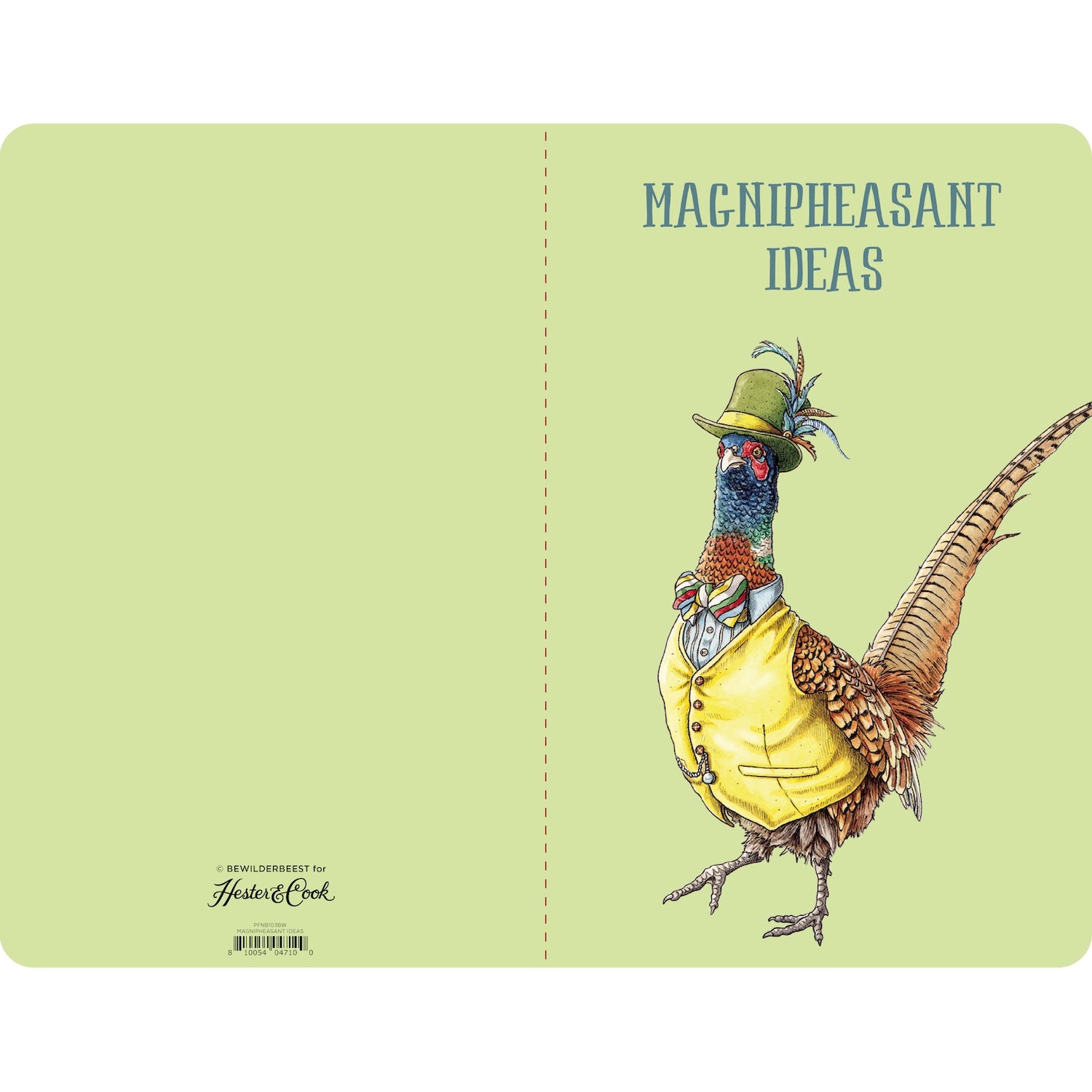 The back and front covers of the Magnipheasant Ideas Notebook are light green, with the front featuring the illustrated pheasant. 