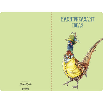 The back and front covers of the Magnipheasant Ideas Notebook are light green, with the front featuring the illustrated pheasant. 