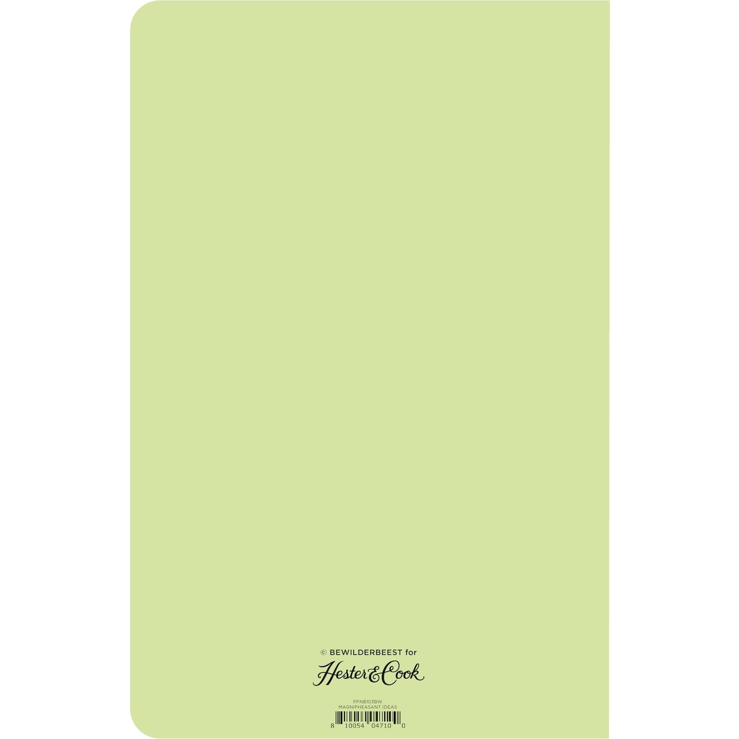 The back cover of the notebook is solid light green with the Hester &amp; Cook logo printed at the bottom. 