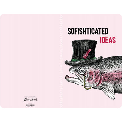 The back and front covers of the notebook are light pink with the fish artwork on the front.