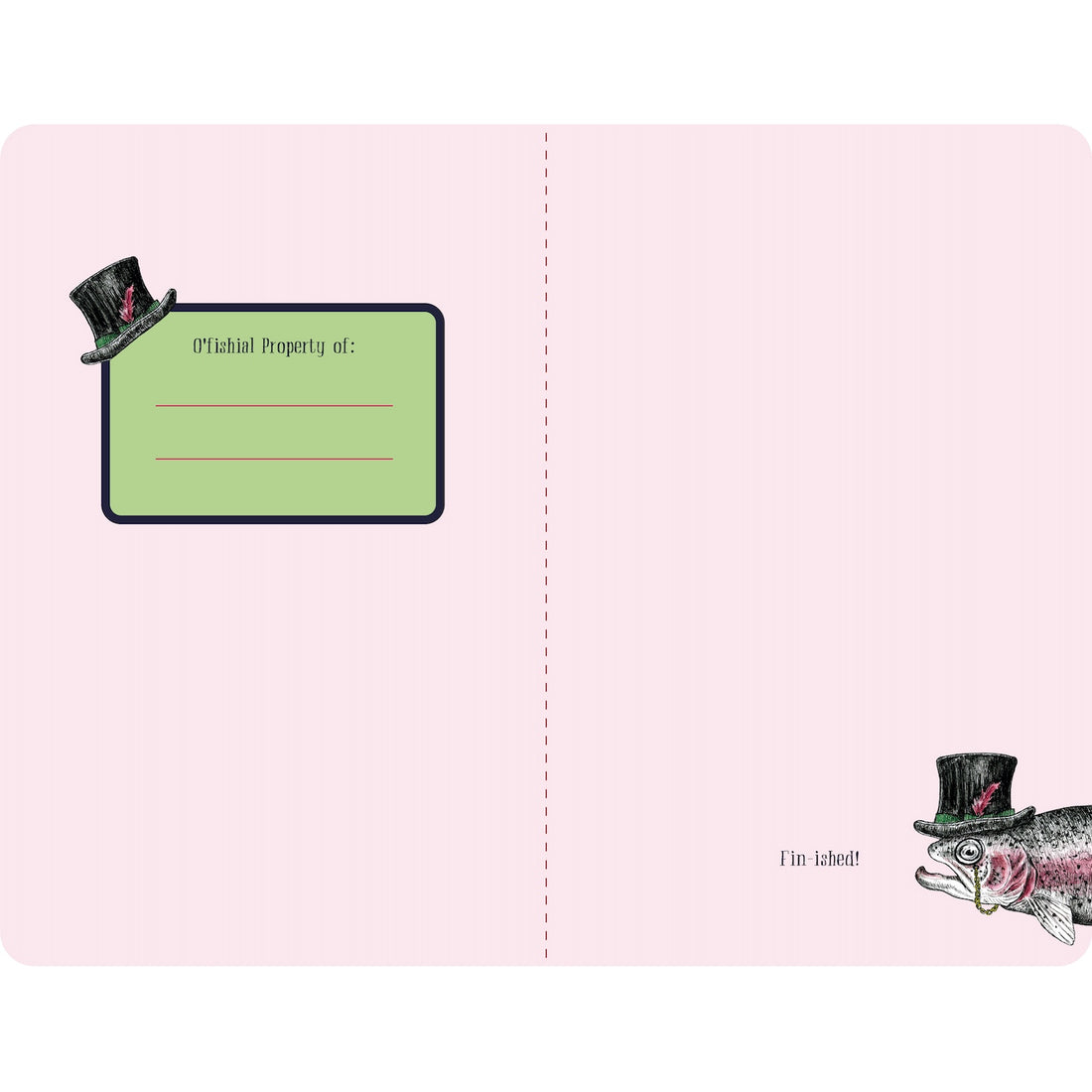 The inner front and back covers of the Sofishticated Ideas Notebook is light pink with a green tophat-adorned rectangle in the front labeled &quot;O&