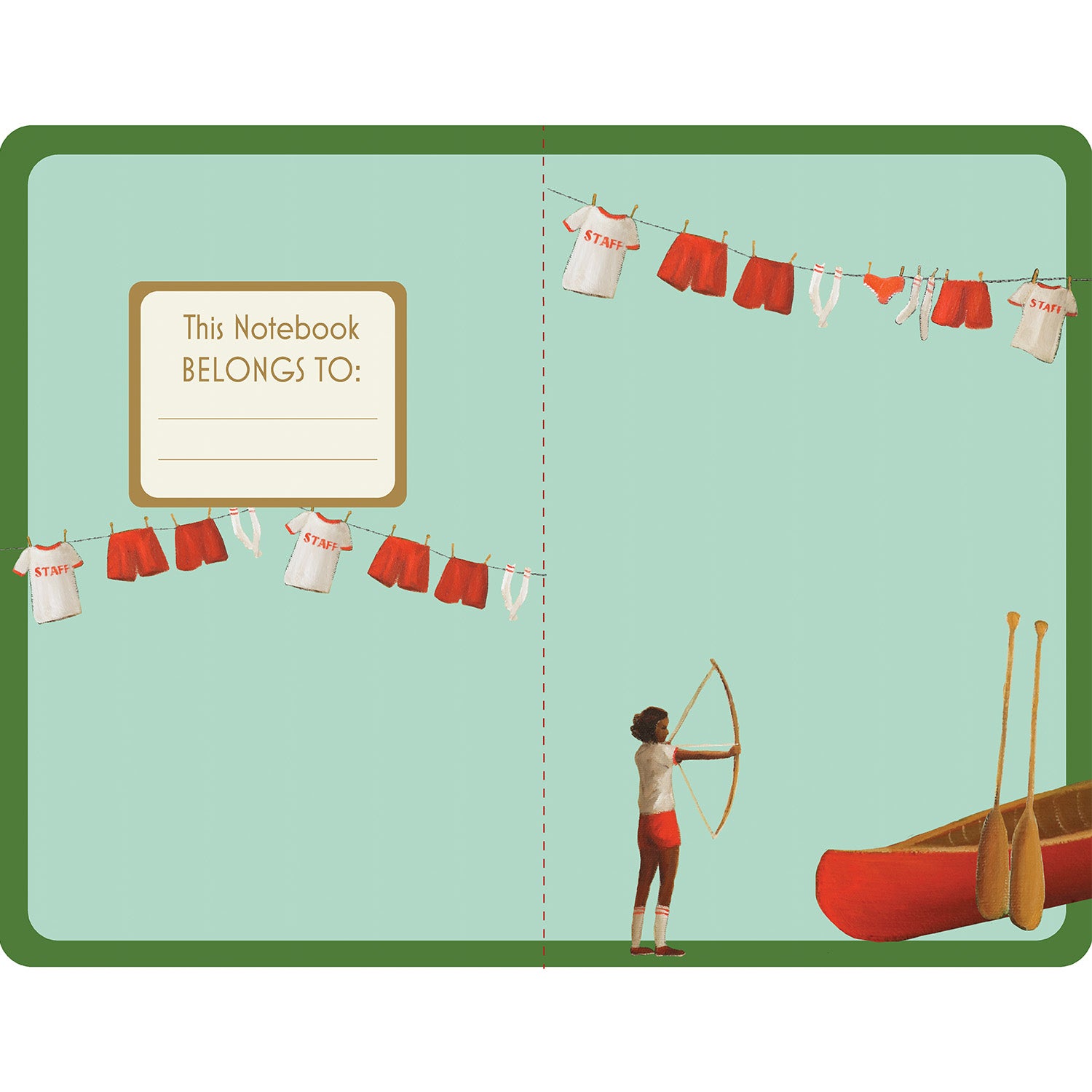 The inside front and back covers of the Summer Camp Notebook features a teal background framed in green, with the clothesline artwork across both sides. The front inner cover is labeled &quot;This Notebook Belongs To:&quot; with blank lines inside a gold frame, and the back cover features the canoe, paddles, and a child pulling a bow.
