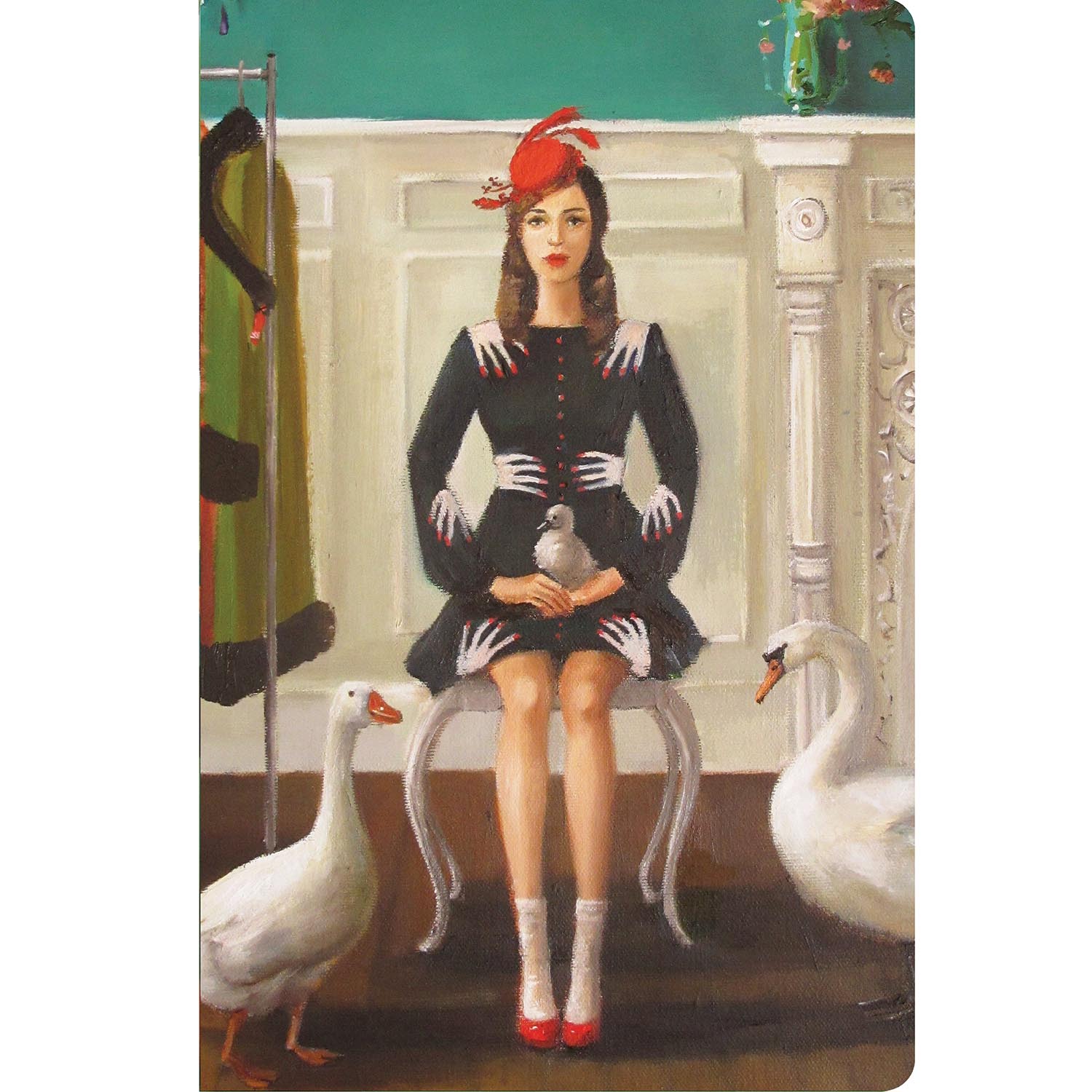 The front cover of the Swan and Duck Notebook, featuring a painterly illustration of a woman in a vintage black dress patterned with hands sitting in a chair in a luxurious room with a baby swan in her lap. An adult swan and an adult white duck stand on either side of her.