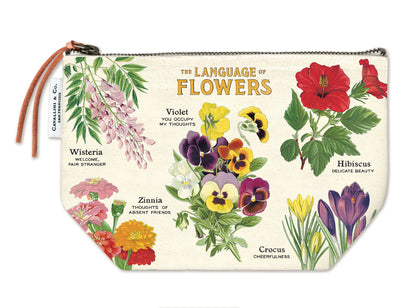 A zippered pouch with flowers on it, featuring vintage images from the Cavallini Archives.