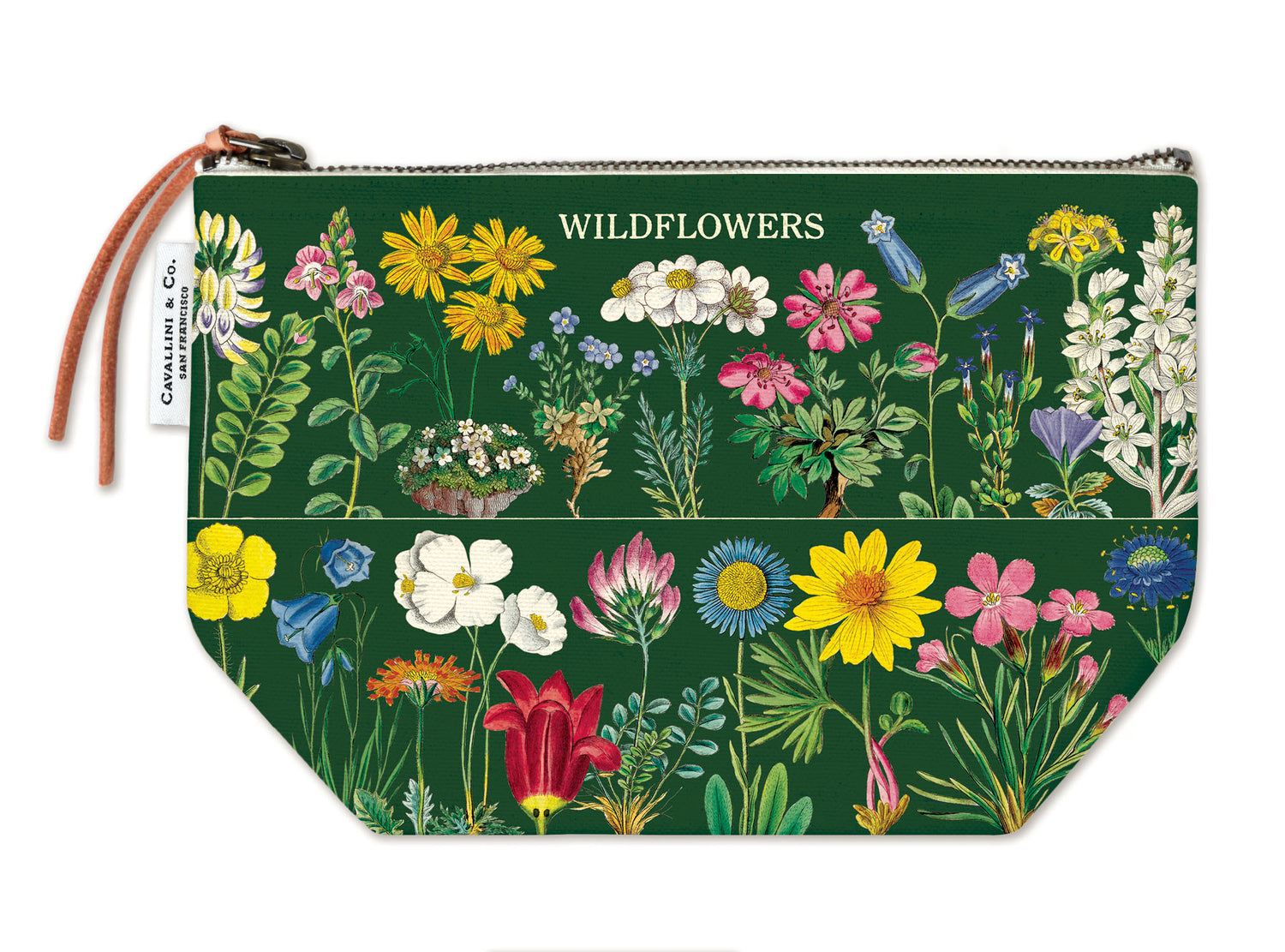 A zippered pouch with wild flowers on it, featuring vintage images from the Cavallini Archives.