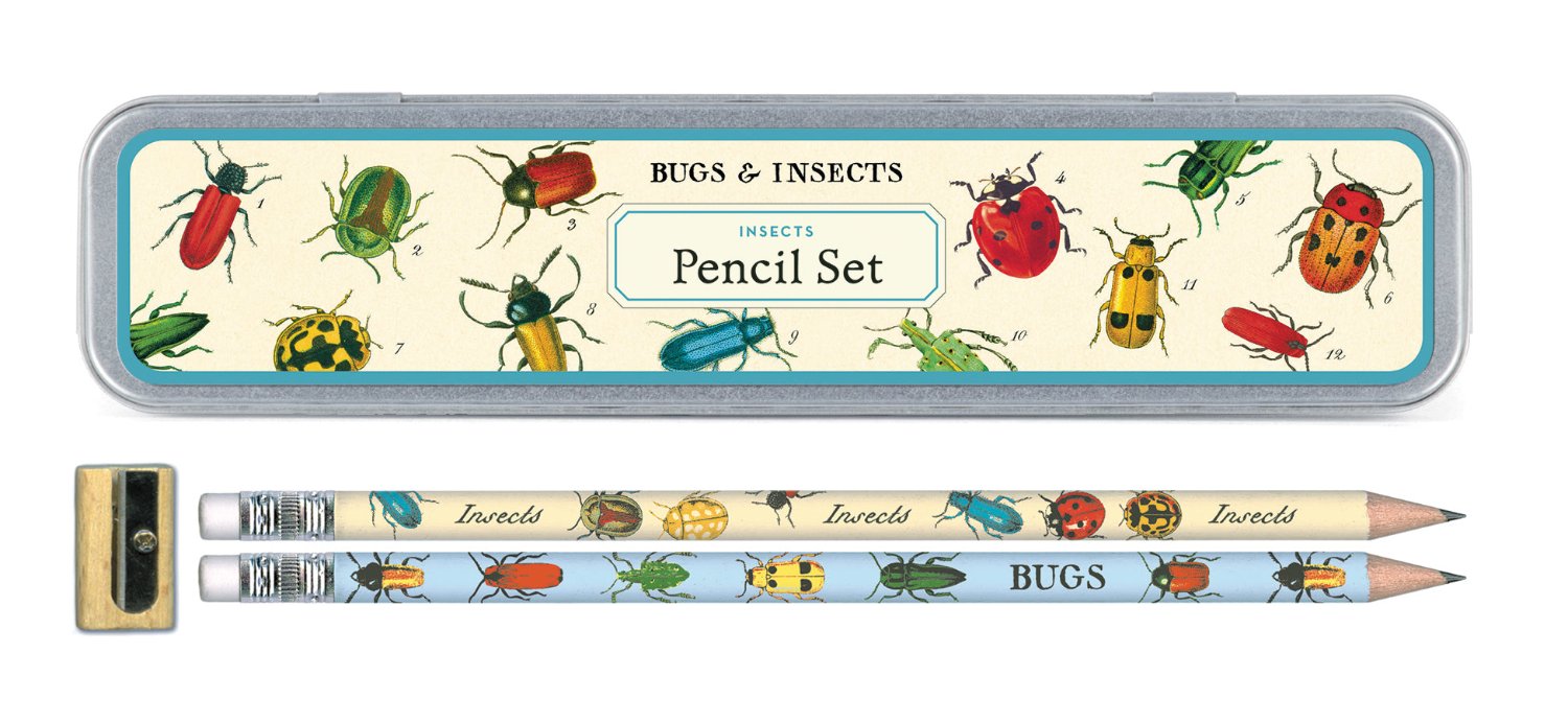 Bugs &amp; Insects Pencil box with 2 pencils below and a small sharpener